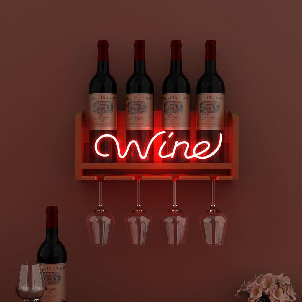 CoolGift Mart Light Up Wine Rack with Glass Holder Wall Mount, Wooden Wine Bottle Holder with Wine Neon Sign, Wall Decor, Gift for Wine Lovers Collectors