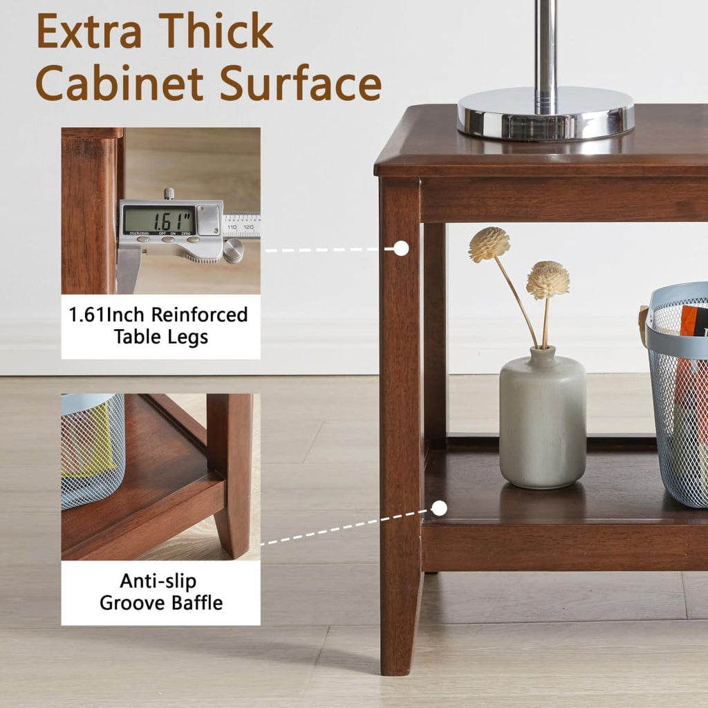 Solid Wood End Table with Storage Shelf, 2-Tier Rustic Side Table for Living Room, Walnut Rubber Wood Sofa Table, Small Space Nightstand or Indoor Plant Stand