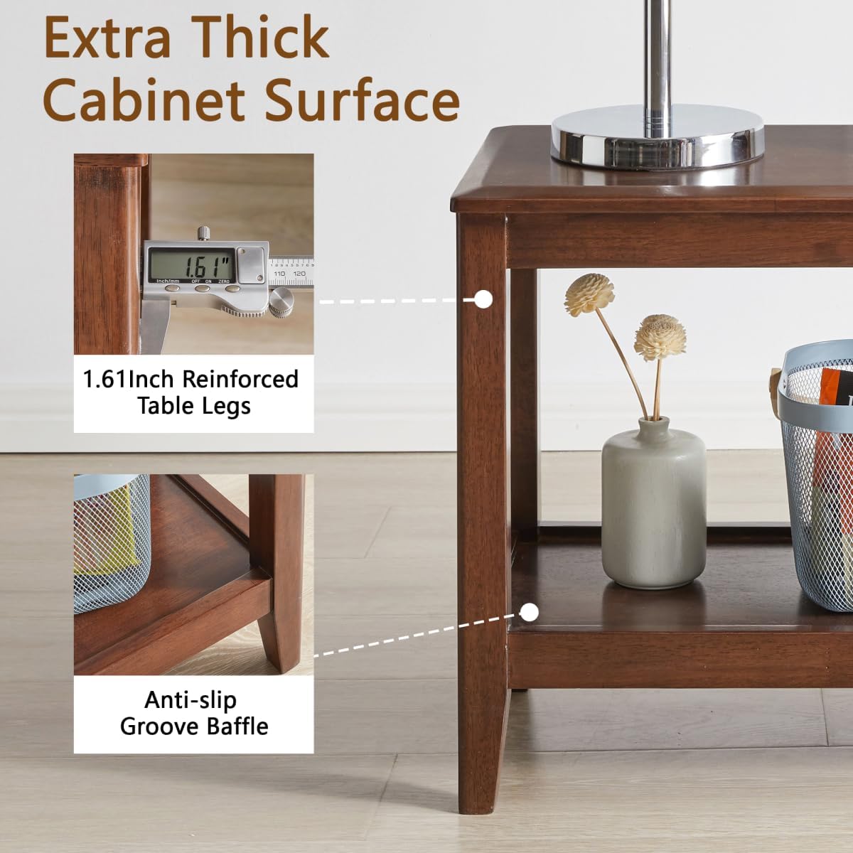 Solid Wood End Table with Storage Shelf, 2-Tier Rustic Side Table for Living Room, Walnut Rubber Wood Sofa Table, Small Space Nightstand or Indoor Plant Stand