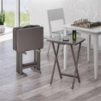 Pemberly Row Solid Wood 5-Pc Snack Table Set, Oyster Gray Finish, Rectangular Folding Tables with Storage Rack, Compact Design, 19.05 x 14.56 x 25.98 in, Durable Living Room or Home Use