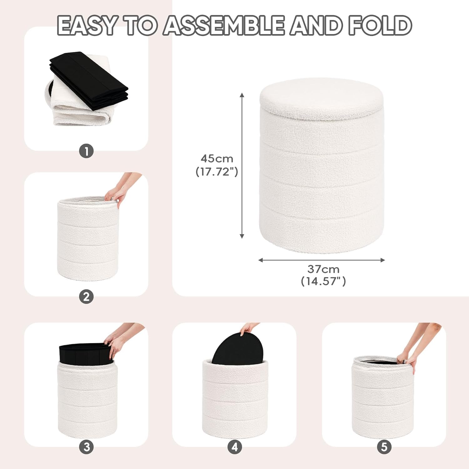 PINPLUS Round Storage Ottoman Foot Rest Stool with Tray Velvet Sherpa Folding Storage Ottoman,Boucle Foot Rest for Living Room, Bedroom, Dorm（White）