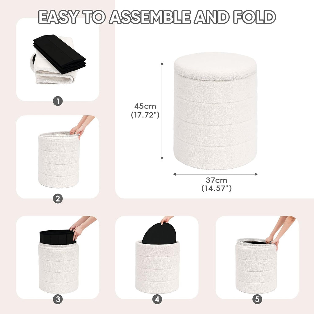 PINPLUS Round Storage Ottoman Foot Rest Stool with Tray Velvet Sherpa Folding Storage Ottoman,Boucle Foot Rest for Living Room, Bedroom, Dorm（White）