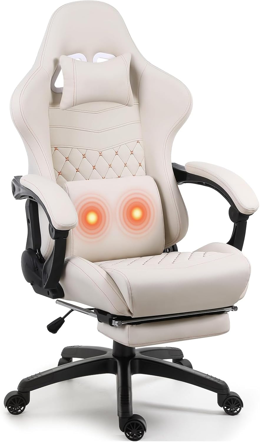 Big and Tall Gaming Chair with Massage and Footrest, Ergonomic High Back PU Leather Computer Office Chair for Heavy Adults, Supports 350LBS, Modern Ivory