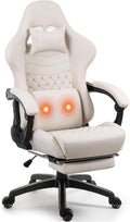 Big and Tall Gaming Chair with Massage and Footrest, Ergonomic High Back PU Leather Computer Office Chair for Heavy Adults, Supports 350LBS, Modern Ivory