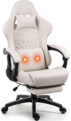 Big and Tall Gaming Chair with Massage and Footrest, Ergonomic High Back PU Leather Computer Office Chair for Heavy Adults, Supports 350LBS, Modern Ivory