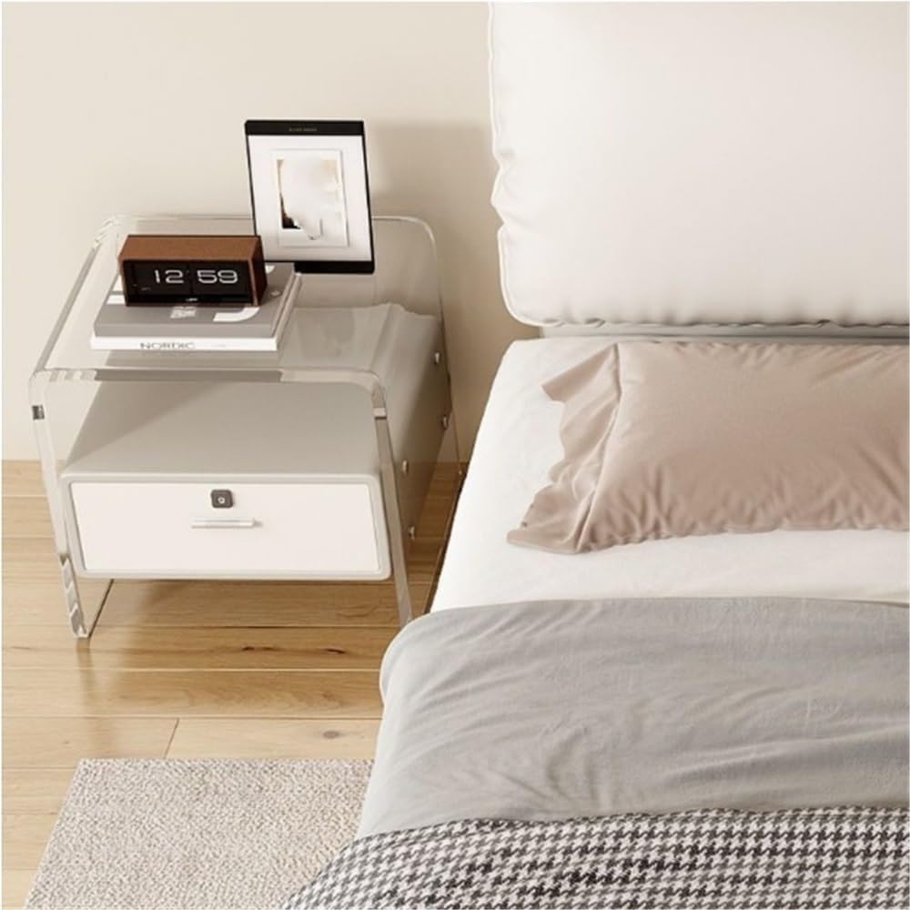 Nightstand with Drawer and Open Storage Acrylic Bedside Tables Side Table with Storage Transparent End Table for Home Decor Lightweight(White)