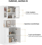 TUSY VOWNER 71'' Tall Pantry Cabinet, Kitchen Hutch Storage Cabinet, Buffet Hutch, China Cabinet with Glass Doors, 5-Tier Storage Cabinets for Dining Room, Kitchen, Living Room (White)
