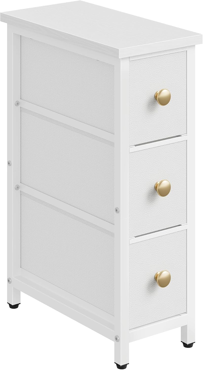CHOEZON Narrow Side Table with 3 Fabric Drawers, Industrial Slim Bedside Table for Small Spaces, Bedroom, Living Room, Dormitory, White TBZ09WB