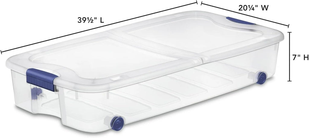 Blue 66-Quart Clear Underbed Storage Bin with Wheels and Latch Lid - Rolling Container for Gift Wrapping Station, Kids Room & Guest Bedding