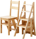 Solid Wood Folding Library Ladder Chair Step Stool 4 Step Dual Purpose Stepladder Display Stand Flower Stand(Wood)