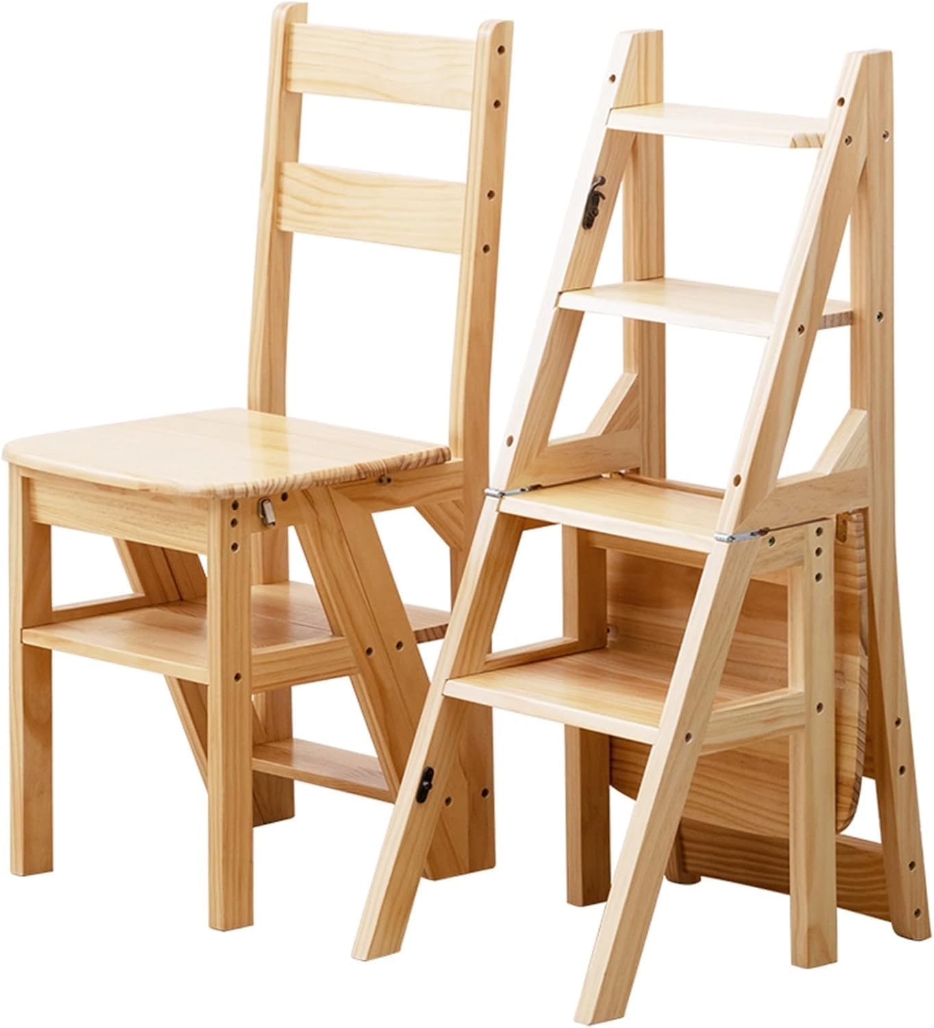Solid Wood Folding Library Ladder Chair Step Stool 4 Step Dual Purpose Stepladder Display Stand Flower Stand(Wood)