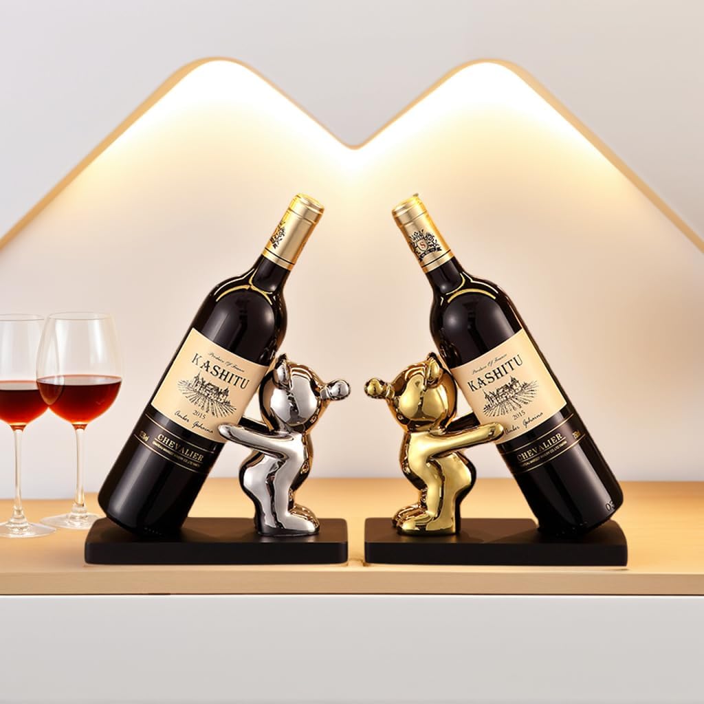 Decorative Wine Bottle Holder Stand, Gold and Silver Bear Figurines, 8.5 x 4 x 6.3 Inches, Set of 2,small wine rack,wine racks countertop,wine decor,gold wine rack,gift for wine lover,liquor display.