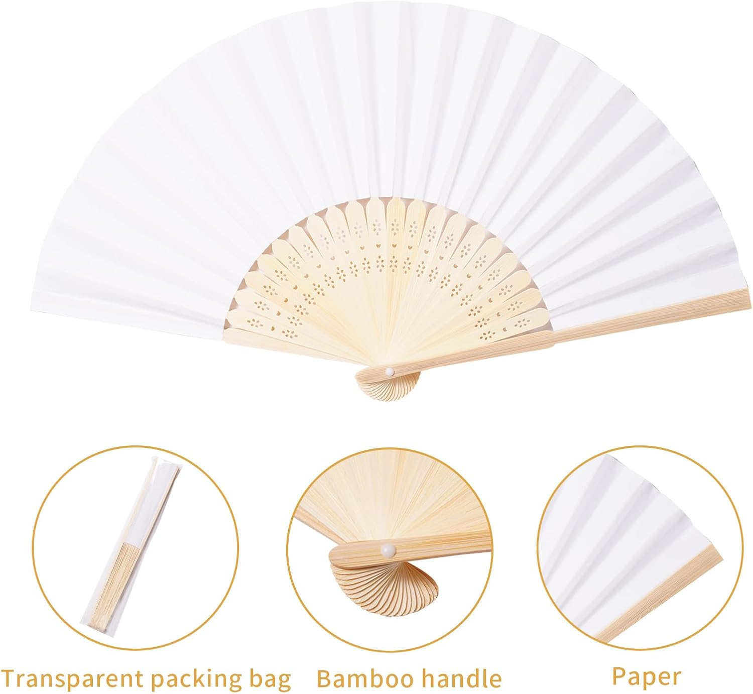 Sepwedd 50pcs White Paper Hand Fan Bamboo Folding,Handheld Paper Folded for Wedding Party and Home Decoration