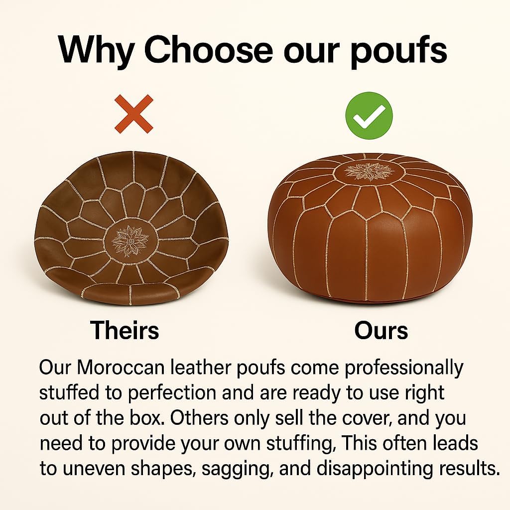 Stuffed Round Design Moroccan Leather Pouf Ottoman, Handmade, Pre-Filled, 100% Genuine Leather, 13” Height x 20” Diameter, Footstool & Living Room Décor (Dark Brown)