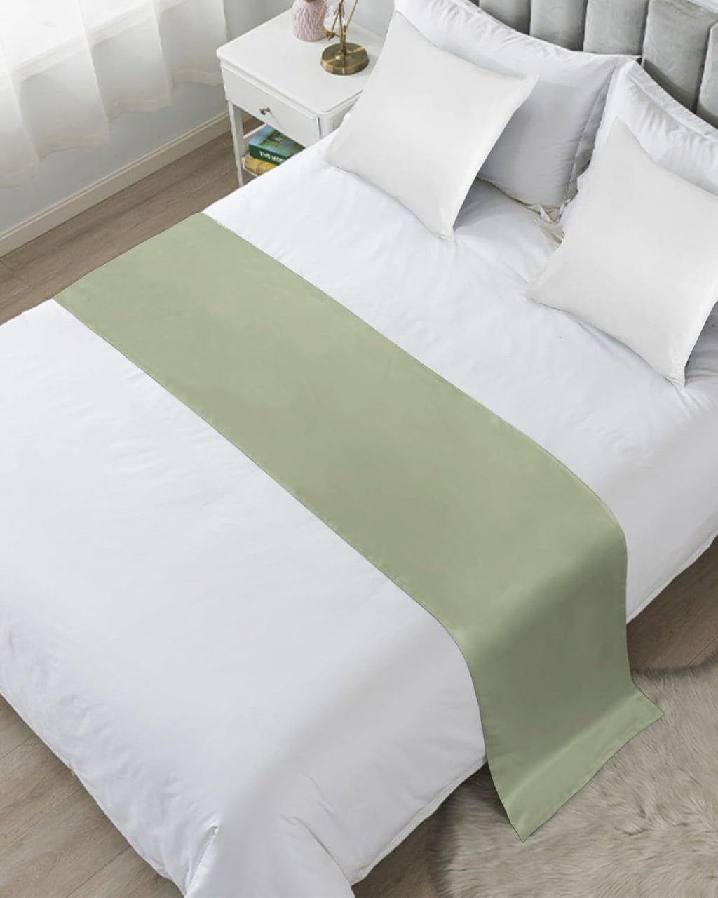Sage Green Bed Runner for Queen Size Bed, Farmhouse Decorative Bed Scarf Throws for Foot of Bed, Sage Green Color Luxury Bedding Protector Slipcover Bed Runners for Hotel/Home, 83 x 20 Inch
