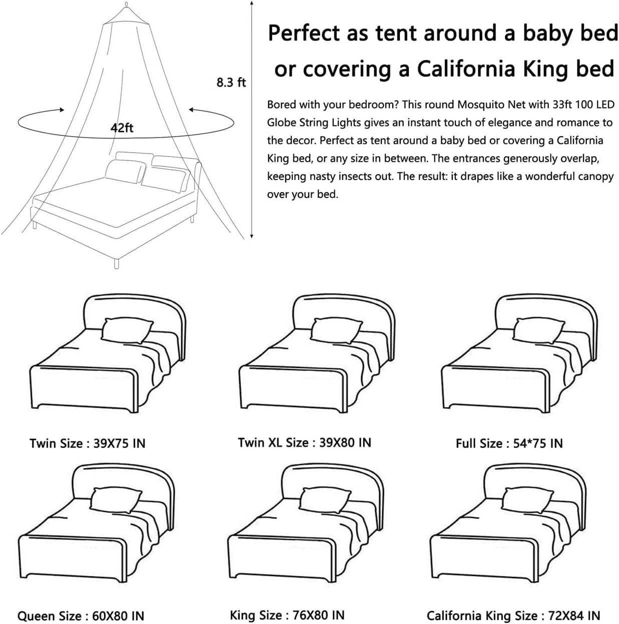 Comtelek Mosquito Net Bed Canopy for Girls,King Canopy Bed Curtains Full Queen Size from Ceiling,Dome Mosquito Netting Bed Tent Twin Girls Princess Canopy Bed White Decor for Baby Crib (Light Rainbow)
