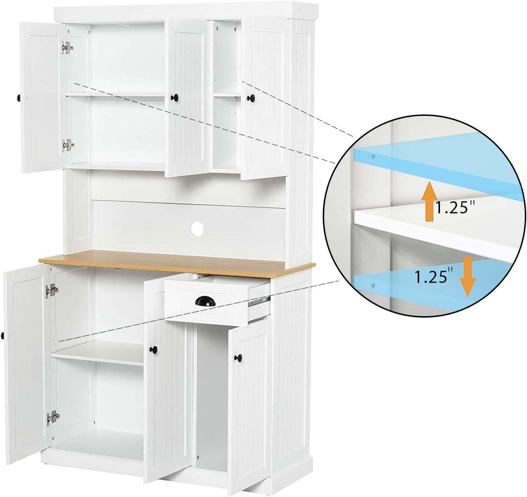 71" Freestanding Pantry Cabinet with Doors, Kitchen Pantry Cabinets with Microwave Shelf & Countertop, Kitchen Hutch Storage Cabinet with Drawers for Diningroom, Easy Assembly (White + MDF)