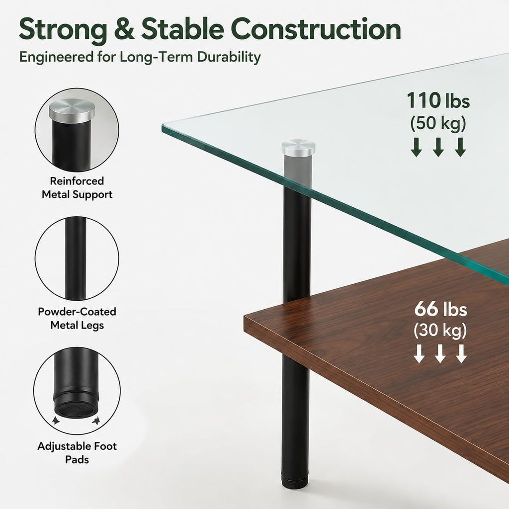Glass Coffee Table Modern Center Table, Coffee Table for Living Room, Tempered Glass-top with Sturdy Metal Frame, Easy Assembly, Clear
