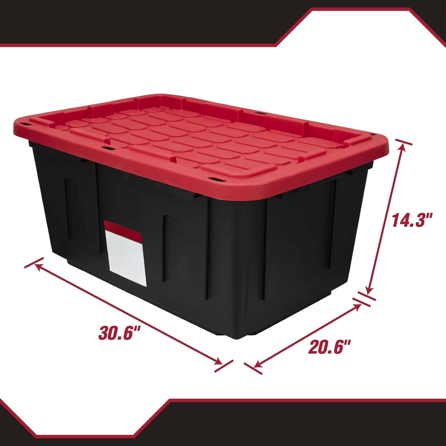 27-Gallon Heavy-Duty Plastic Storage Box with Snap-On Lid | Black and Red, Stackable Design, Locking Lid, 30.6 x 20.6 x 14.3 in, 6.6 lbs