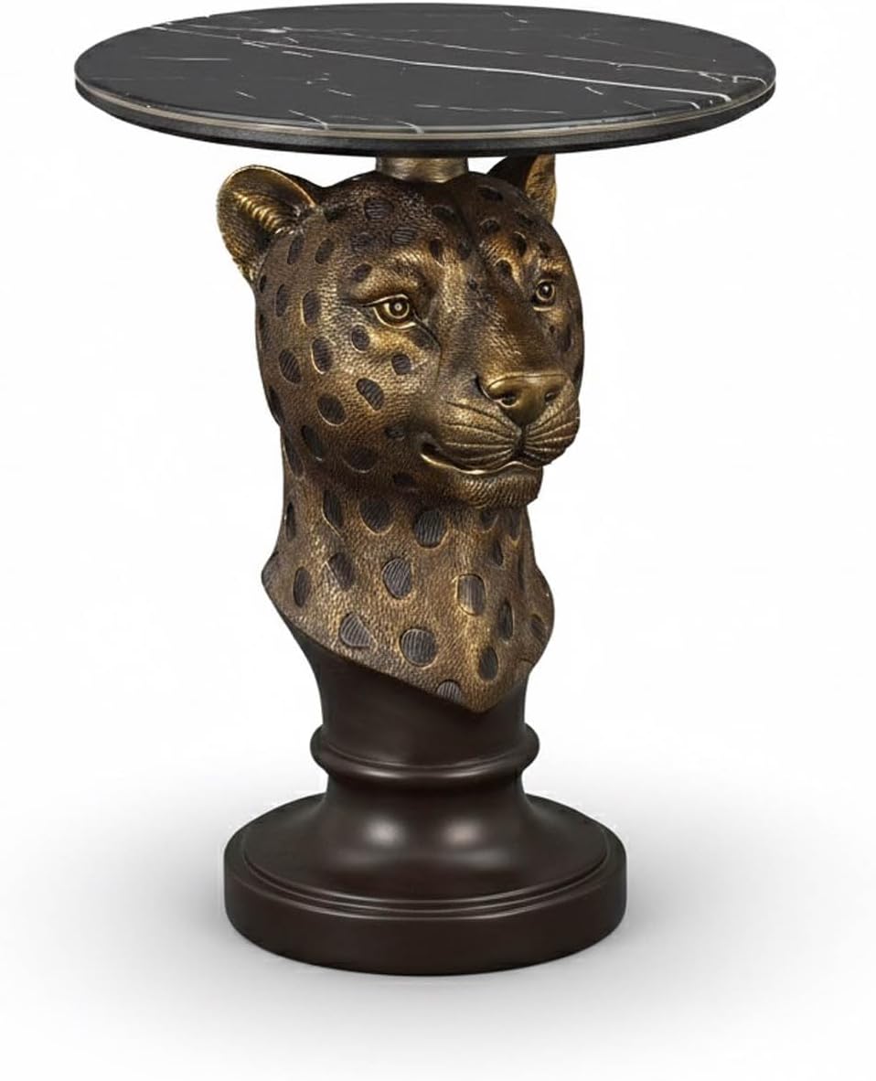 Animal Accent Side Table with Faux Marble Top, Art Deco End Table with Leopard Base, Unique Statue Table for Living Room Bedroom Entryway Home Office