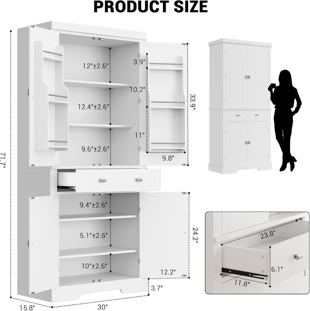 72" Kitchen Pantry Cabinet, Kitchen Pantry with 6 Door Shelves, 2 Cabinets and 1 Drawer, Tall Storage Cabinet for Living Room, Dining Room, White