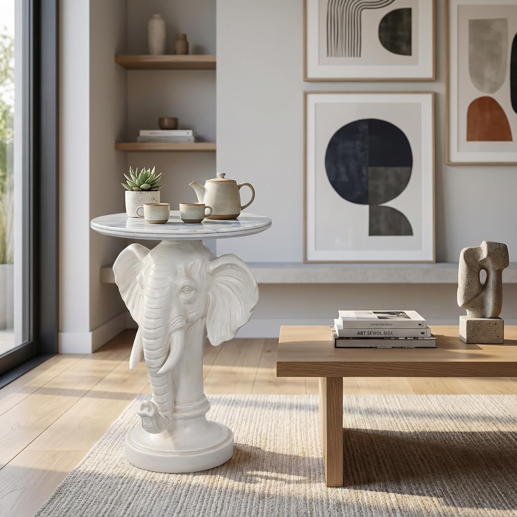 Elephant End Table – 25.98in Tall Artificial Marble Top Decorative Accent Table with Resin Sculpture Base, Perfect for Living Room, Bedroom, Entryway