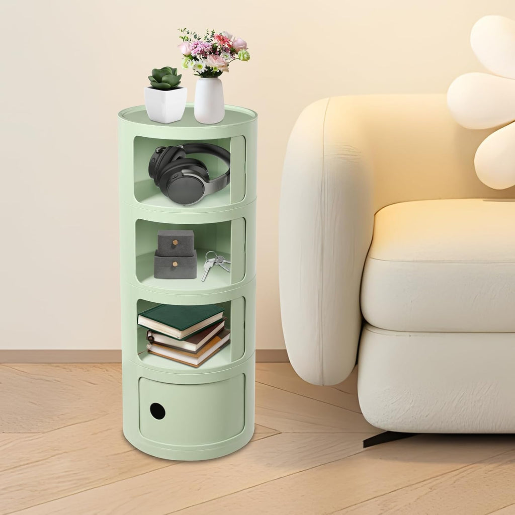 Round Nightstand, 4 Tier Circular Side Table with Sliding Doors, Modern Cylindrical Storage Cabinet with Wheels, Small Rolling Bedside Table for Bedroom Living Room, 12.6x30 Inch, 88.18 Lbs Capacity