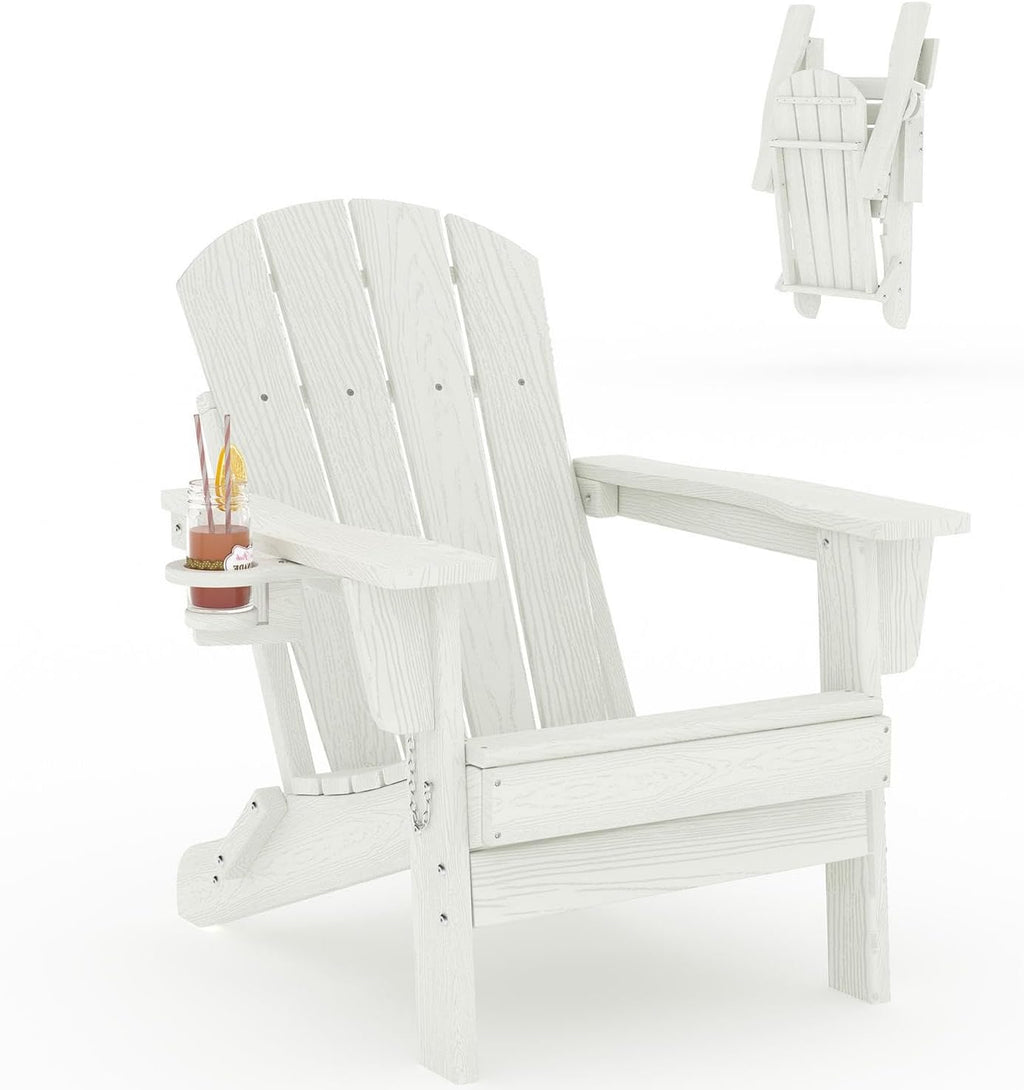 Garvee Folding Adirondack Chair, HDPE Outdoor Patio Chair with Cup Holder, All Weather Resistent Wooden Textured for patios, Decks, Gardens, fire Pit, White