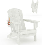 Garvee Folding Adirondack Chair, HDPE Outdoor Patio Chair with Cup Holder, All Weather Resistent Wooden Textured for patios, Decks, Gardens, fire Pit, White