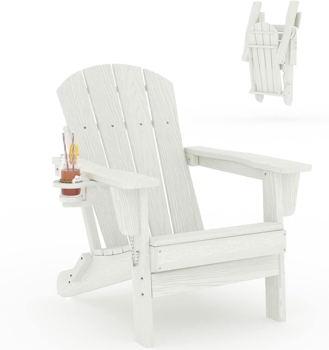 Garvee Folding Adirondack Chair, HDPE Outdoor Patio Chair with Cup Holder, All Weather Resistent Wooden Textured for patios, Decks, Gardens, fire Pit, White