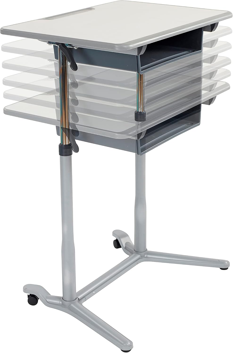 ECR4Kids 3S Mobile Adjustable Open Front Desk, Sit Stand, and Store, Classroom Furniture, Grey