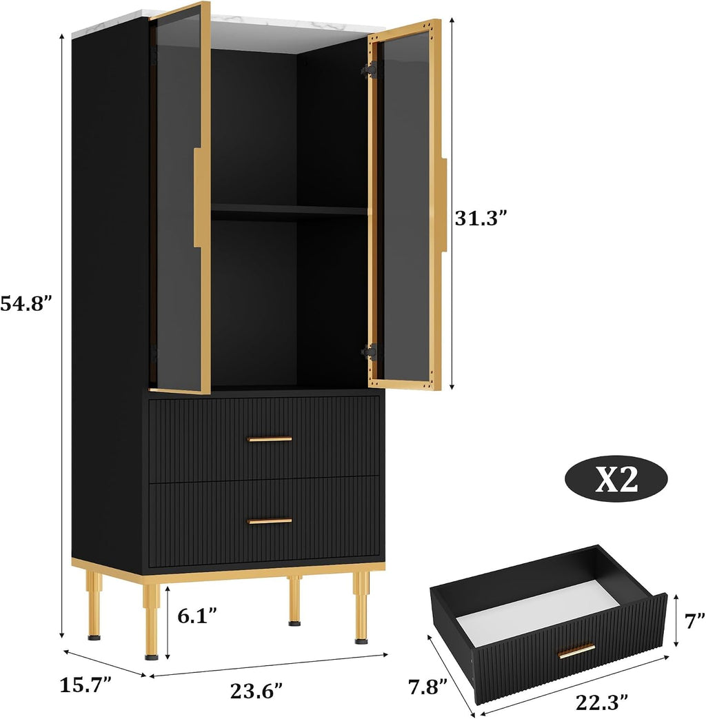 Garvee Fluted Pantry Cabinet with Glass Door and 2 Drawers, Kitchen Pantry Storage Cabinet with Adjustable Shelves, Modern Display Sideboard for Kitchen, Dining Room, Living Room, Black