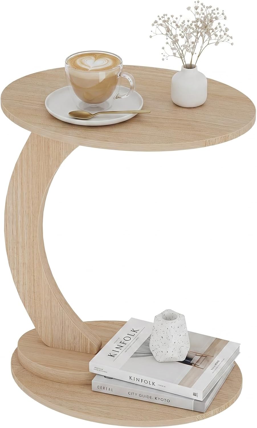 End Table,C Shaped Side Table,CouchTable that Slide Under, Wood Round Table for Couch,Small Sofa Table with Metal Frame for Bedroom,Living Room,Night Stand, Bedside Table for Small Space(Oak)