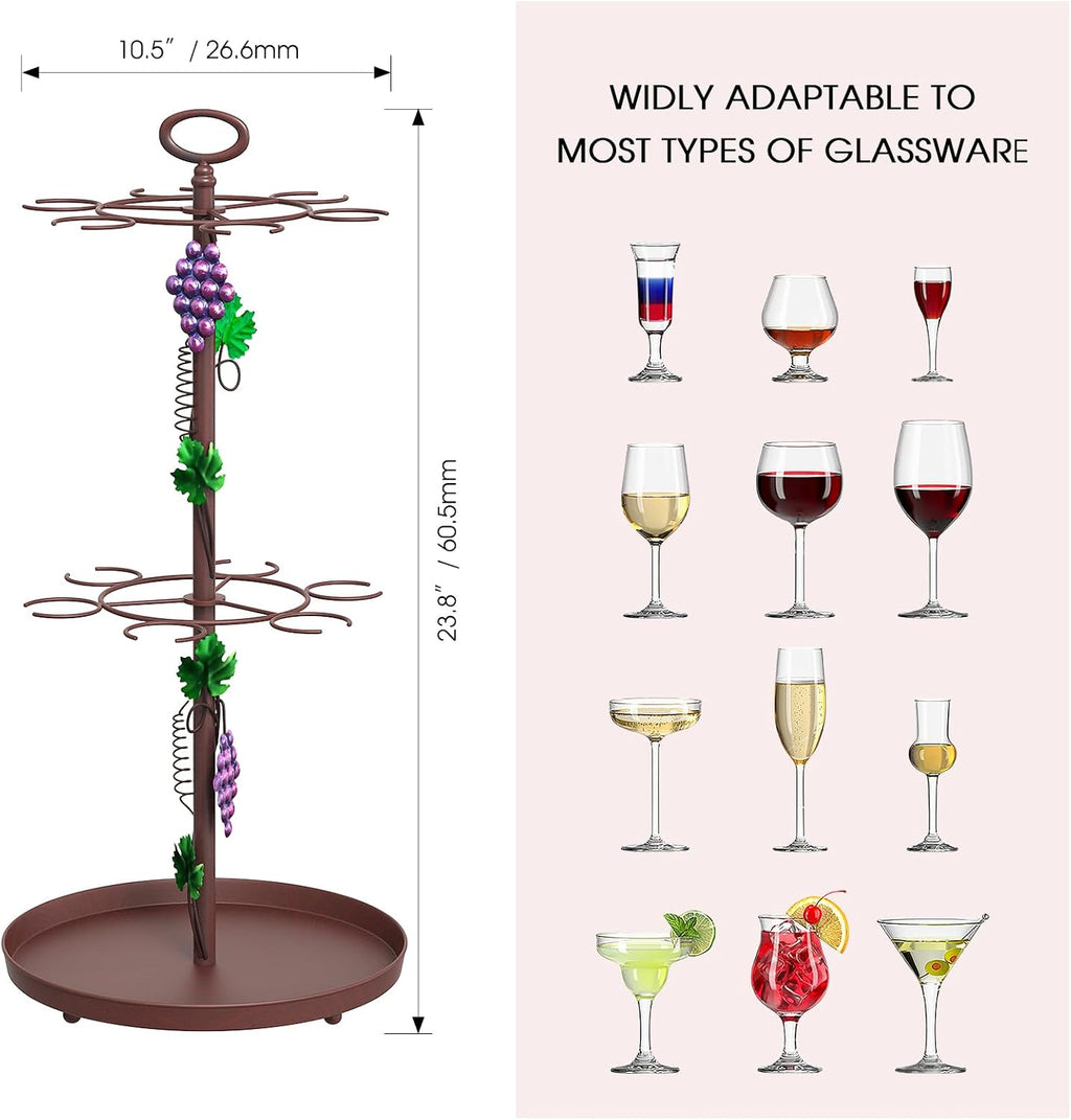Farmhouse Metal Wine Rack with Glass Holder Decor, Countertop Champagne Bottle & Hanging Wine Glass Holder Stand,Tabletop Stemware Storage Rack with 6 Hooks for Kitchen, Dining Table,Bar