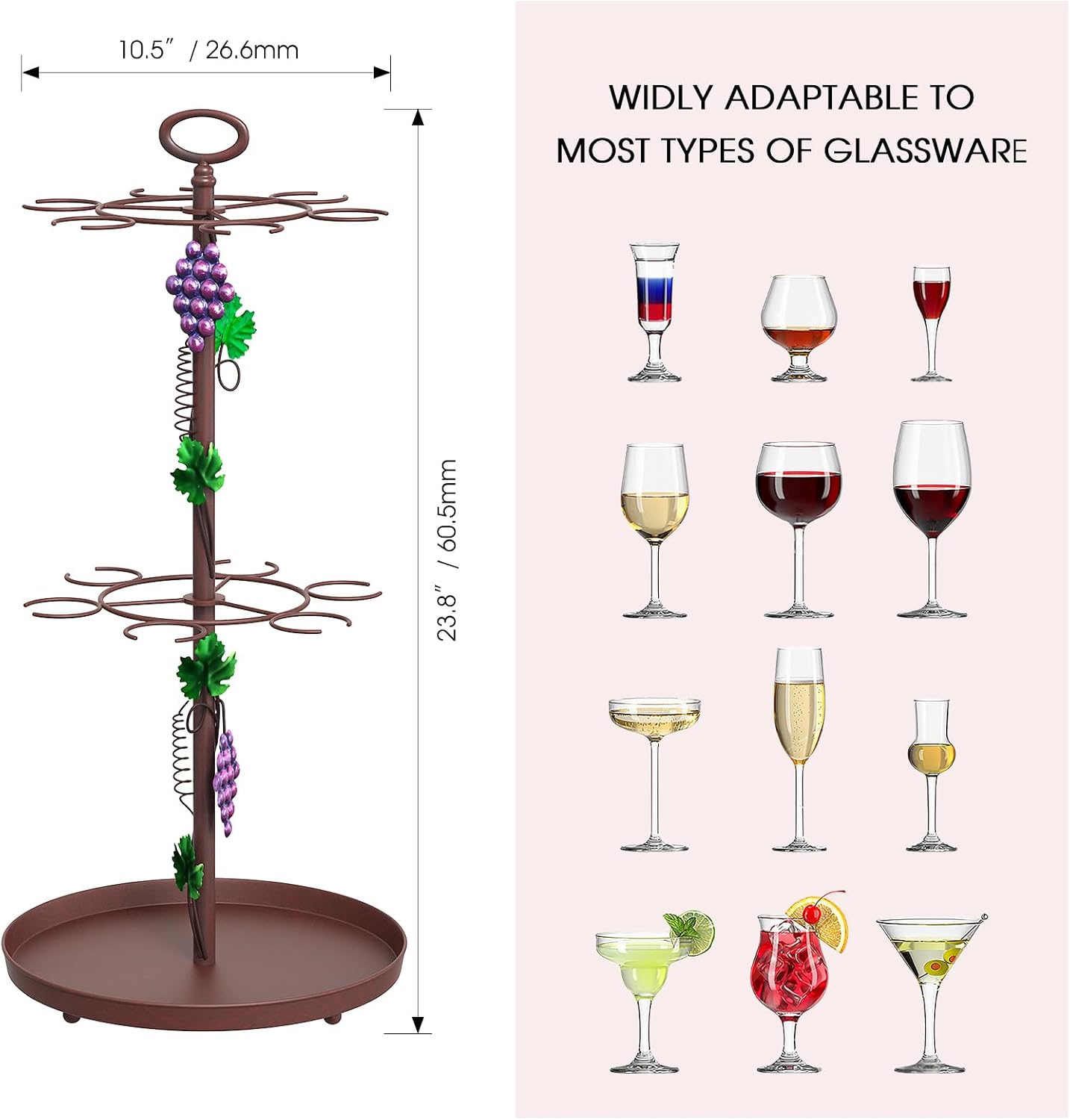 Farmhouse Metal Wine Rack with Glass Holder Decor, Countertop Champagne Bottle & Hanging Wine Glass Holder Stand,Tabletop Stemware Storage Rack with 6 Hooks for Kitchen, Dining Table,Bar