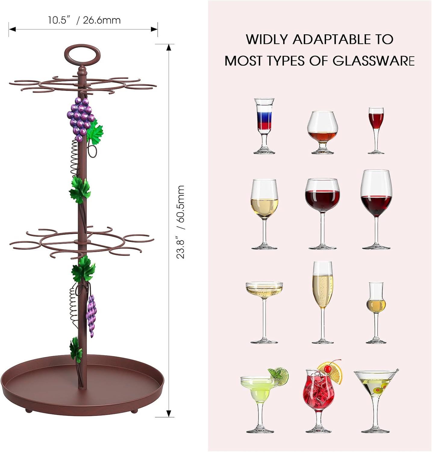 Farmhouse Metal Wine Rack with Glass Holder Decor, Countertop Champagne Bottle & Hanging Wine Glass Holder Stand,Tabletop Stemware Storage Rack with 6 Hooks for Kitchen, Dining Table,Bar