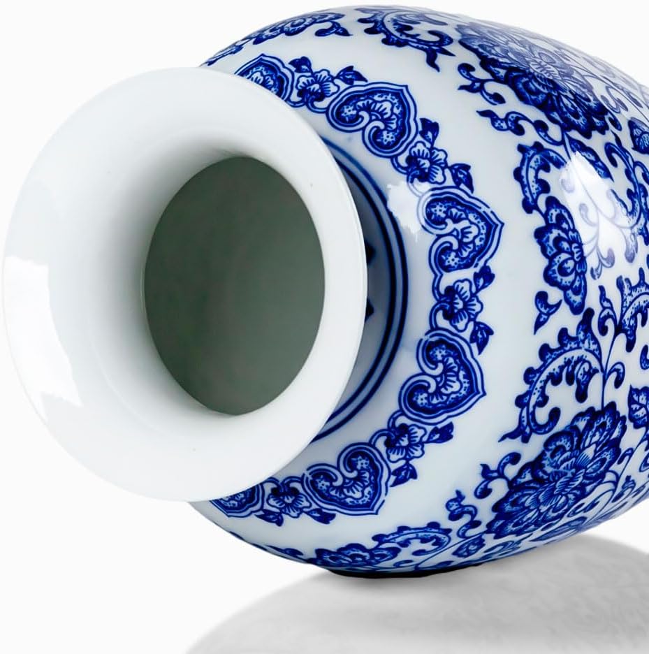 Qinlang 9 in Small Ceramic Vases for Flowers, Blue and White Flower Vase for Centerpieces - Lotus Pattern