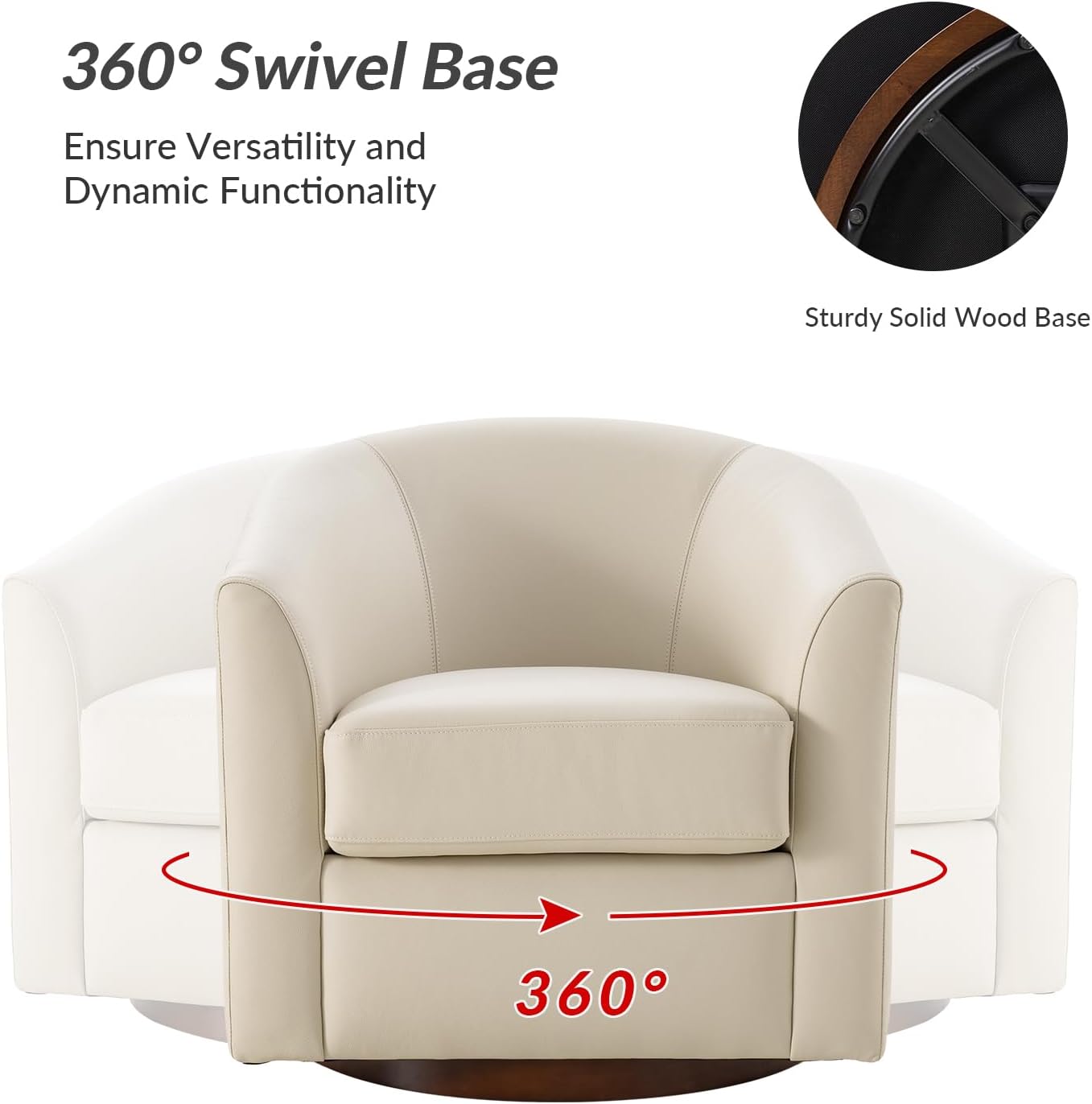 HULALA HOME Genuine Leather Swivel Barrel Chair, Round Swivel Accent Chair with Solid Wood Base, No Assembly Required, Beige