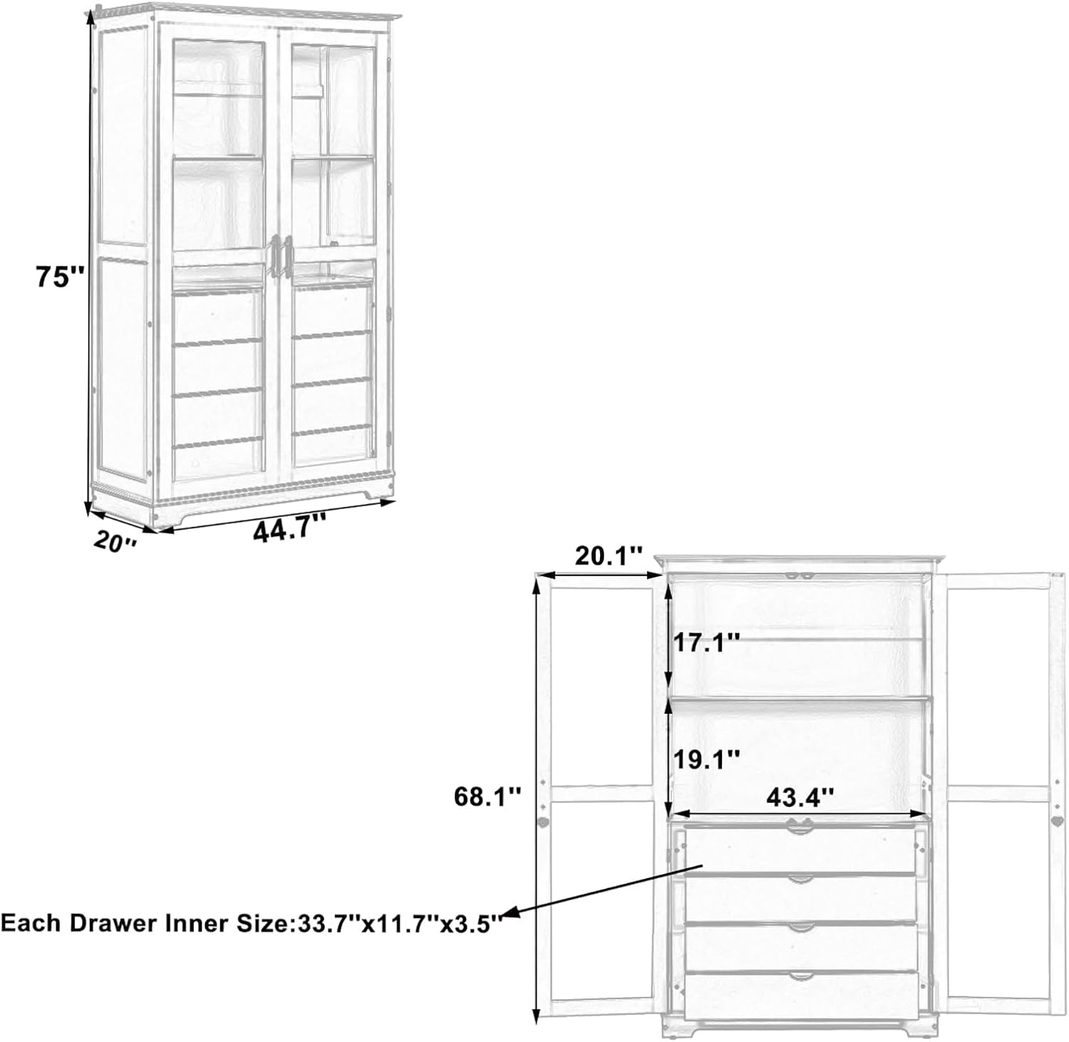 Kitchen Pantry, Freestanding Kitchen Cupboard Versatile Display Cabinet Coffee Bar Storage Cabinet with Glass Doors and 4 Built-in Drawers for Living Room, Home Office