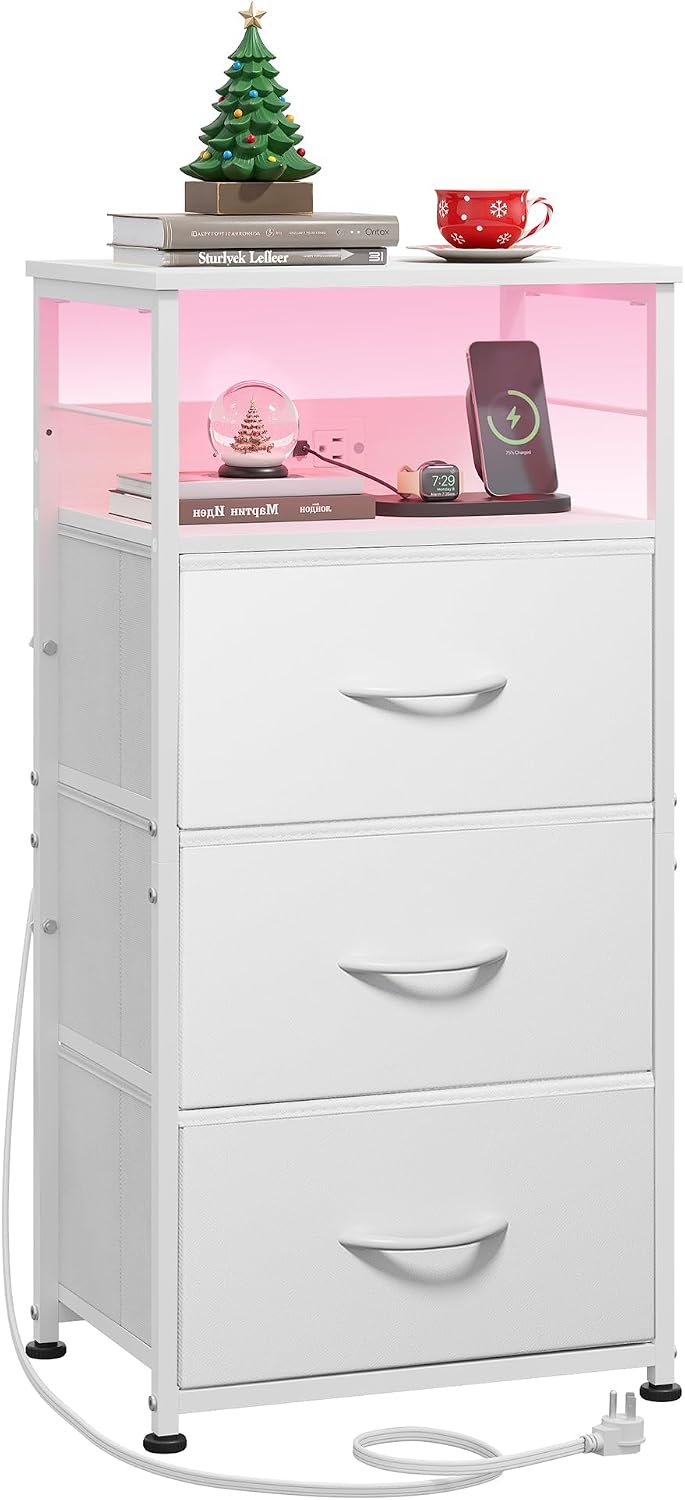 WLIVE Nightstand with Charging Station, 31.9" H Nightstand with 3 Fabric Drawers, LED Bedside Table with USB Ports and Outlets, End Table for Dorm, Bedroom, Entryway, White
