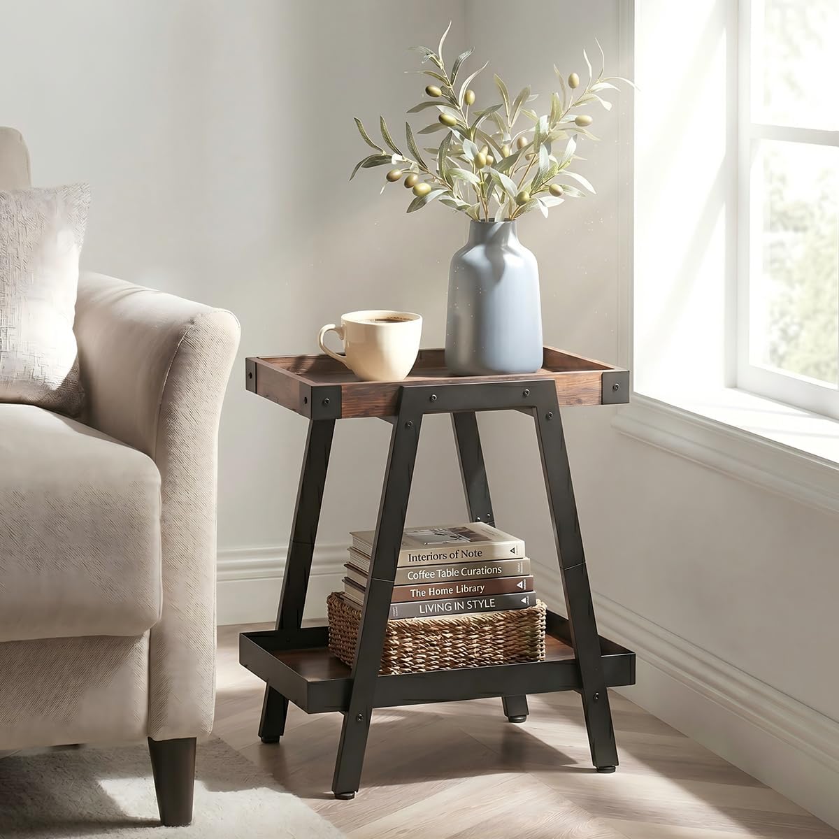 IPARTS EXPERT Farmhouse Side Table | 2-Tier Industrial A-Frame Bedroom Nightstand, Heavy Duty Load to 150 LBS Idea for Living Room, Bedroom, Entryways, Home Offices - Easy Assembly