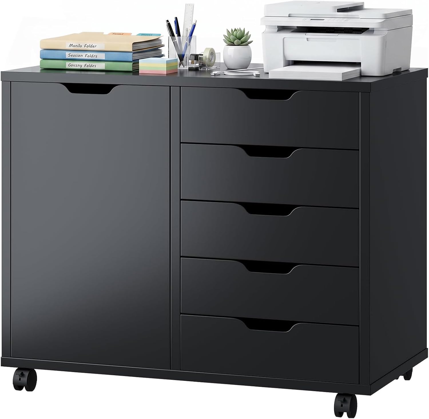 5 Drawer File Cabinet with Wheels, Rolling Office Storage Cabinet with Shelves and Door, Printer Stand with Drawers, Under Desk Filing Cabinet with Wood Board, Black