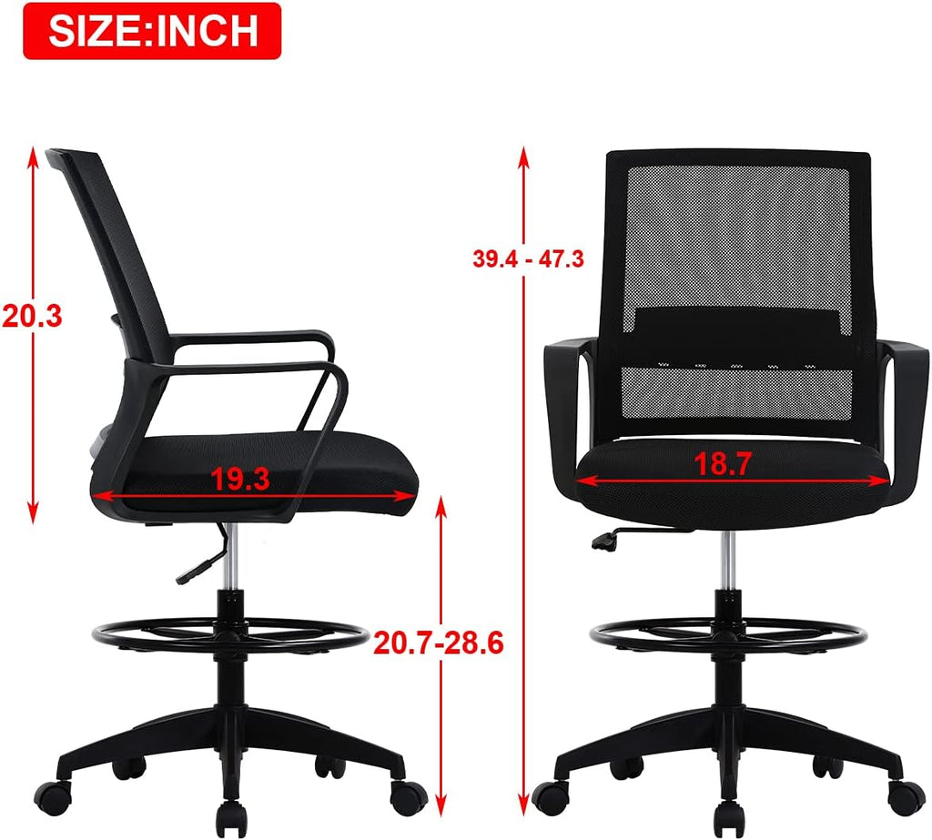 Drafting Chair Tall Office with Lumbar Support Arms for Standing Desk Swivel Rolling Mesh Footrest Ring Height Adjustable Stool Bar High Desk, 250lbs, Seat-Hight 20.7-28.5 inch