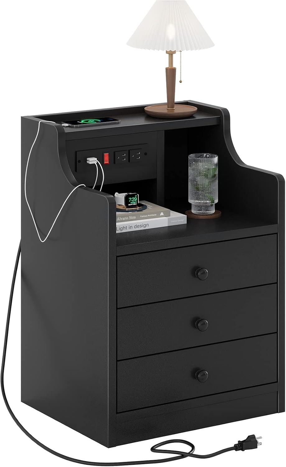 ADORNEVE Black Nightstand with Charging Station & Drawers | Night Stand for Bedroom,End Table with Hutch & 3 Storage Drawers