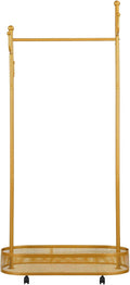 Cuteam Rolling Clothes Rack, Freestanding Metal Clothing Rack with Lockable Wheels, Mesh Storage Basket, Hooks, Movable Coat Rack for Bedroom Living Room (Golden)