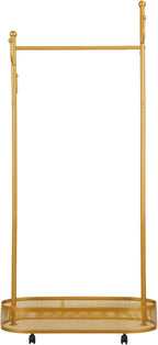 Cuteam Rolling Clothes Rack, Freestanding Metal Clothing Rack with Lockable Wheels, Mesh Storage Basket, Hooks, Movable Coat Rack for Bedroom Living Room (Golden)