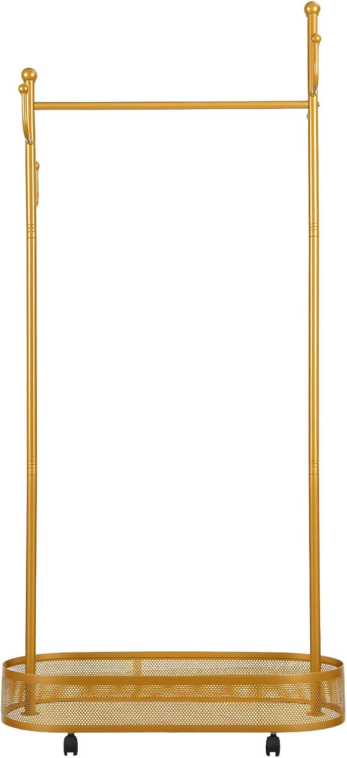 Cuteam Rolling Clothes Rack, Freestanding Metal Clothing Rack with Lockable Wheels, Mesh Storage Basket, Hooks, Movable Coat Rack for Bedroom Living Room (Golden)