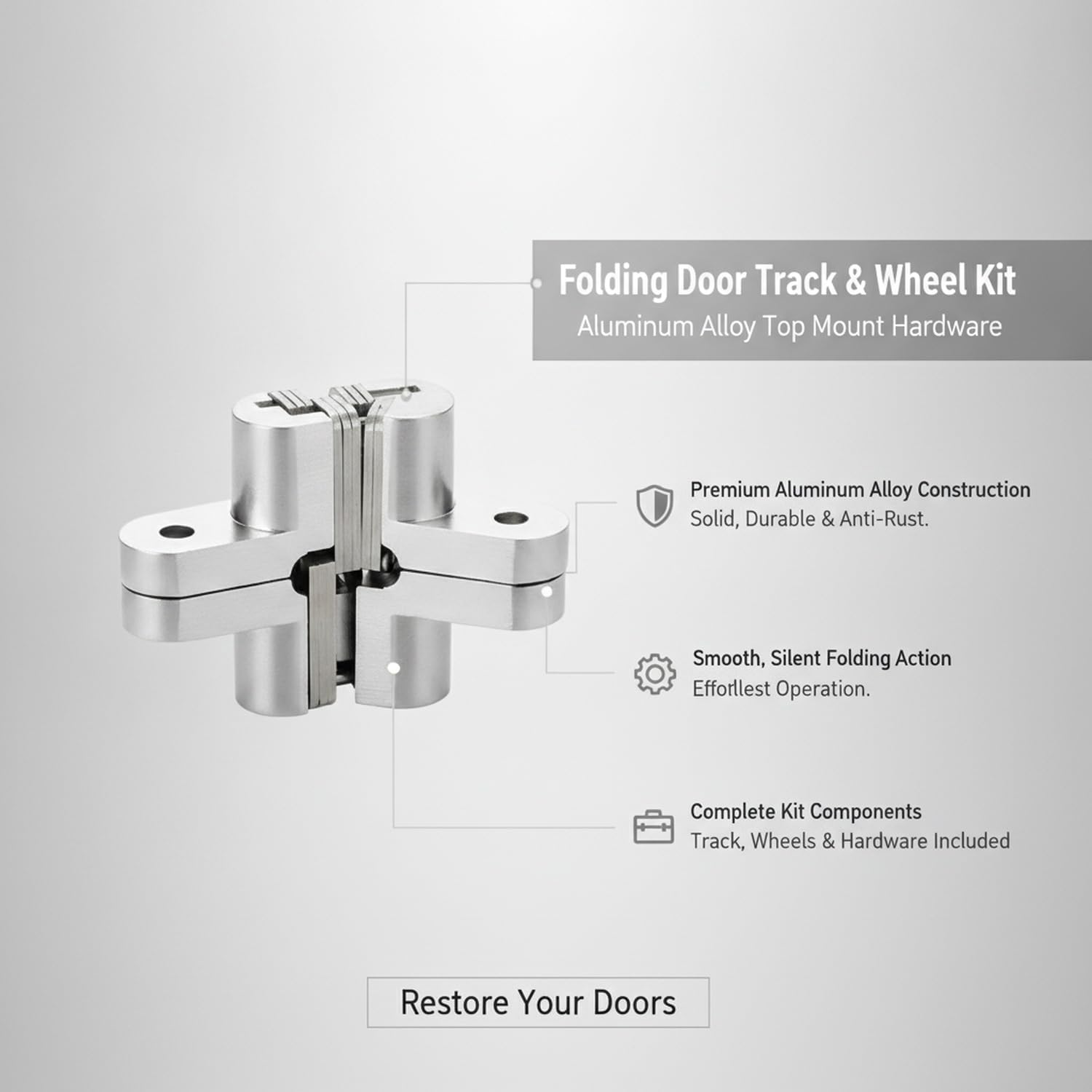 Aluminum Alloy Bi-Fold Door Track and Wheel Kit, Top Mount Hardware for Closet Doors & Room Dividers, Silver Finish Replacement Set