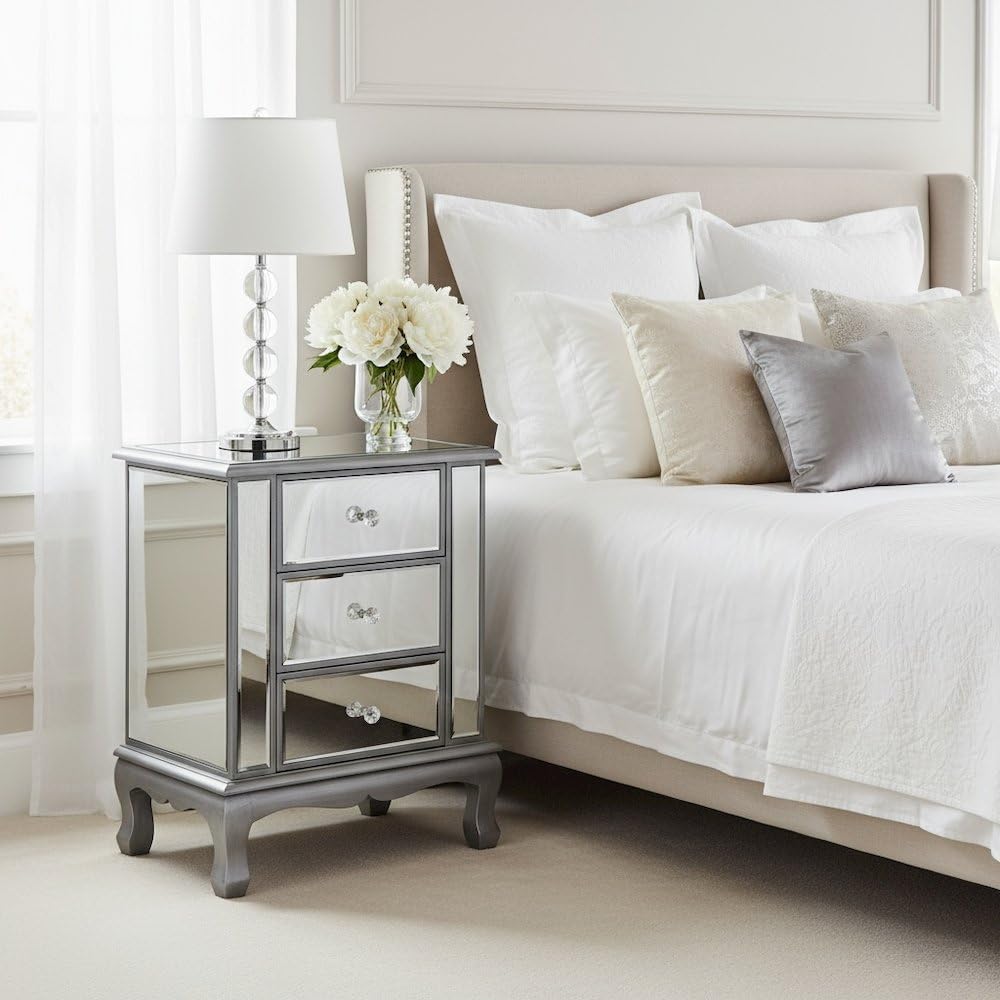 Furnifact Glam Mirrored End Table with 3 Drawers, Small Accent Nightstand for Bedroom or Living Room, Easy 2-Step Assembly, Silver