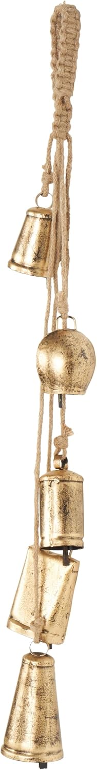 Deco 79 Golden Bell Cluster | Indoor Tibetan Inspired Cascading Meditation Bell With 5 Bells On Jute Hanging Rope Cowbells